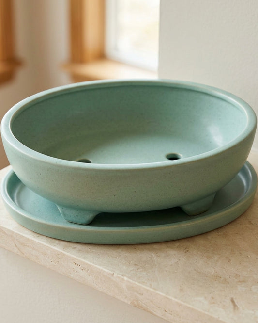 Ywjfk Oval Bonsai Ceramic Planter with Tray Seafoam - Lifestyle view