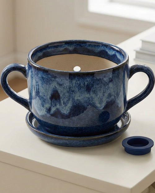 Ywjfk Double Handle Reactive Glaze Ceramic Planter Cobalt - Lifestyle view