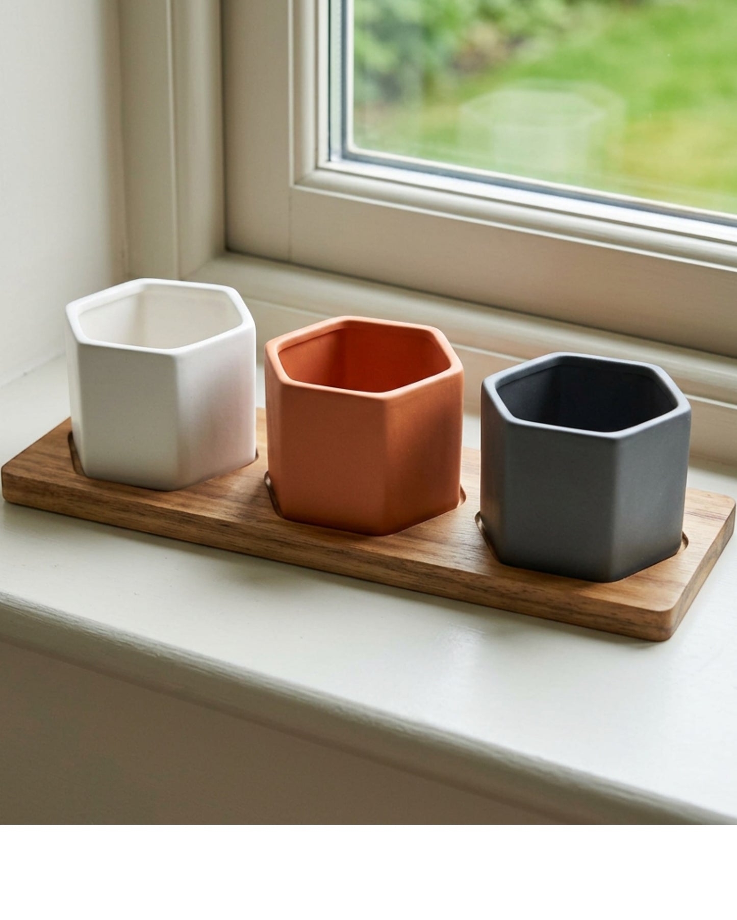Ywjfk Hexagonal Mini Ceramic Planter Set of 3 with Acacia Tray - Lifestyle view