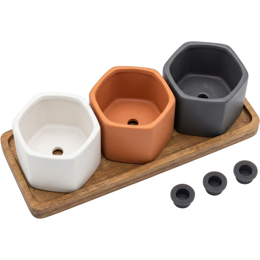Ywjfk Hexagonal Mini Ceramic Planter Set of 3 with Acacia Tray - Product view